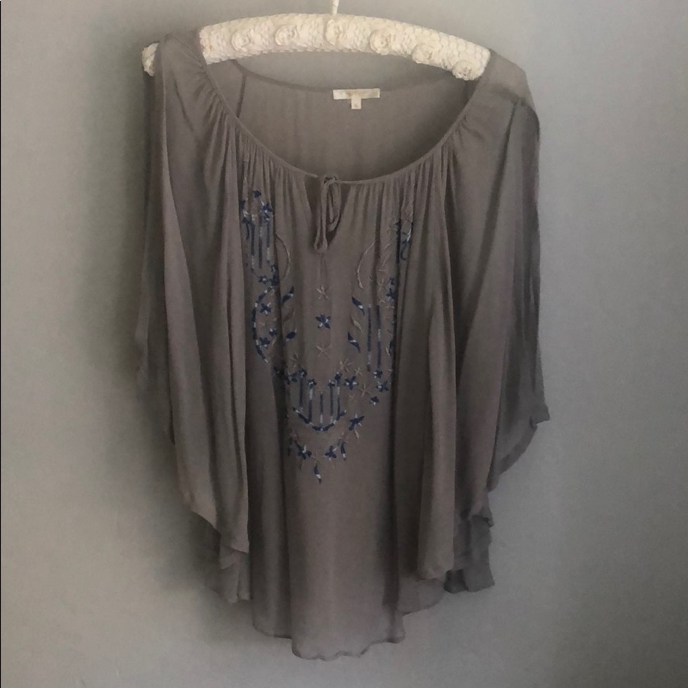 Embroidered, open shoulder blouse